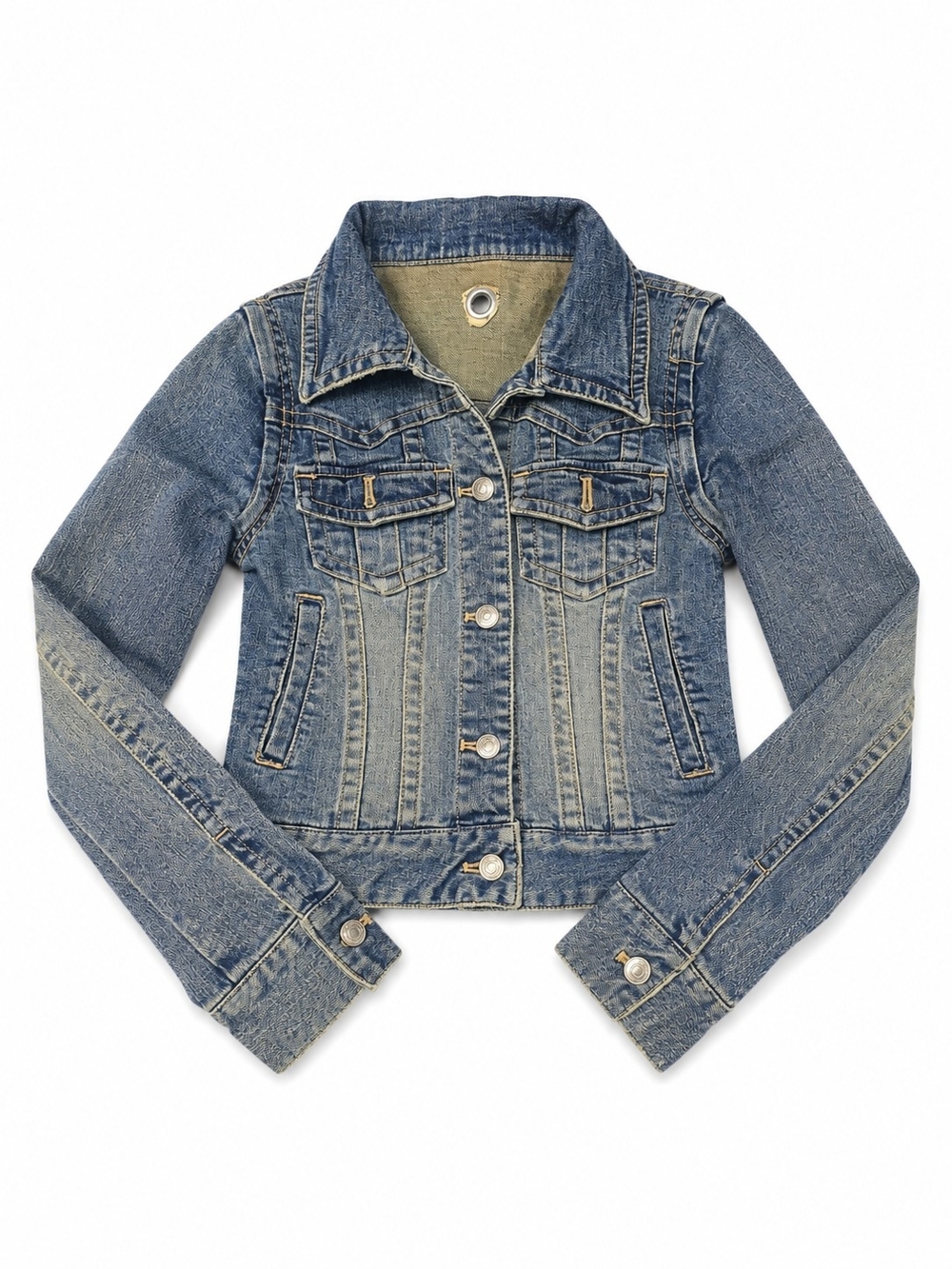 Blue Distressed Denim Jacket With Zip Off Sleeves, Size Medium